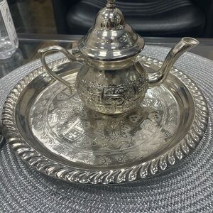 Moroccan Silver-Plated Tea Set w/ Jeweled Glasses – Boho Luxe Decor